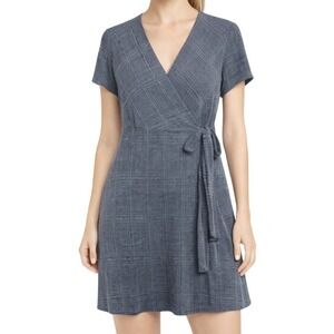 Gilli Womens Charcoal Grey Plaid Textured Knit Short Sleeve Wrap Mini Dress 1X